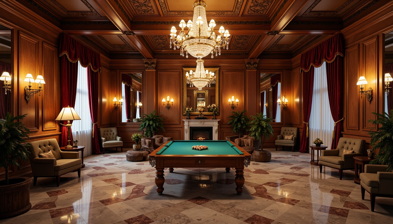 Prompt: Elegant game room, rich wood paneling, ornate moldings, luxurious velvet fabrics, antique bronze fixtures, crystal chandeliers, stately columns, refined marble floors, grand pianos, intricately carved wooden chairs, lavish curtains, sophisticated wall art, warm golden lighting, 1/1 composition, shallow depth of field, soft focus blur, realistic textures, ambient occlusion.