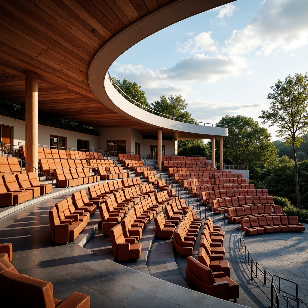 Prompt: Grand amphitheater, tiered seating, curved rows, comfortable chairs, vibrant upholstery, metallic handrails, polished stone flooring, natural wood accents, open-air atmosphere, sunny day, soft warm lighting, shallow depth of field, 3/4 composition, panoramic view, realistic textures, ambient occlusion.