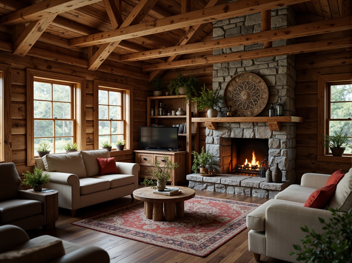 Prompt: Rustic cabin, wooden logs, stone fireplace, natural textures, earthy colors, reclaimed wood accents, vintage metal decorations, cozy atmosphere, warm soft lighting, shallow depth of field, 1/1 composition, intimate view, realistic wood grains, ambient occlusion.