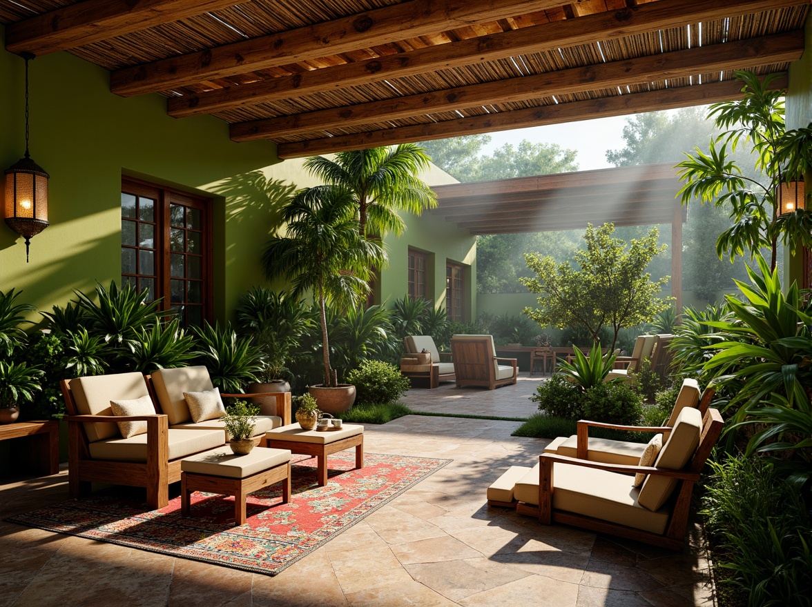 Prompt: Vibrant tropical ambiance, lush green walls, exotic plants, warm sunny lighting, soft diffused glow, lantern-inspired fixtures, natural rattan shades, wooden accents, colorful textiles, intricate patterns, Moroccan-inspired tiles, ambient LED strips, floor-to-ceiling windows, sliding glass doors, open-air pavilions, misting systems, dramatic spotlights, cinematic color grading, high contrast ratios, warm white lighting, soft shadows, 1/1 composition, shallow depth of field, realistic reflections.