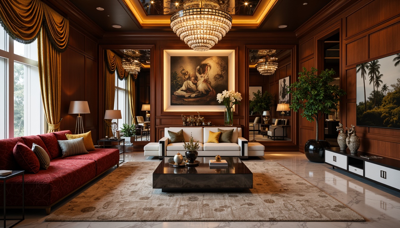 Prompt: Luxurious living room, opulent furniture, metallic accents, geometric patterns, ornate mirrors, lavish chandeliers, rich wood paneling, velvet drapes, bold color schemes, high-gloss finishes, elegant marble floors, sleek chrome fixtures, symmetrical compositions, low-angle shots, warm golden lighting, cinematic atmosphere, 1/1 composition, shallow depth of field, realistic reflections.