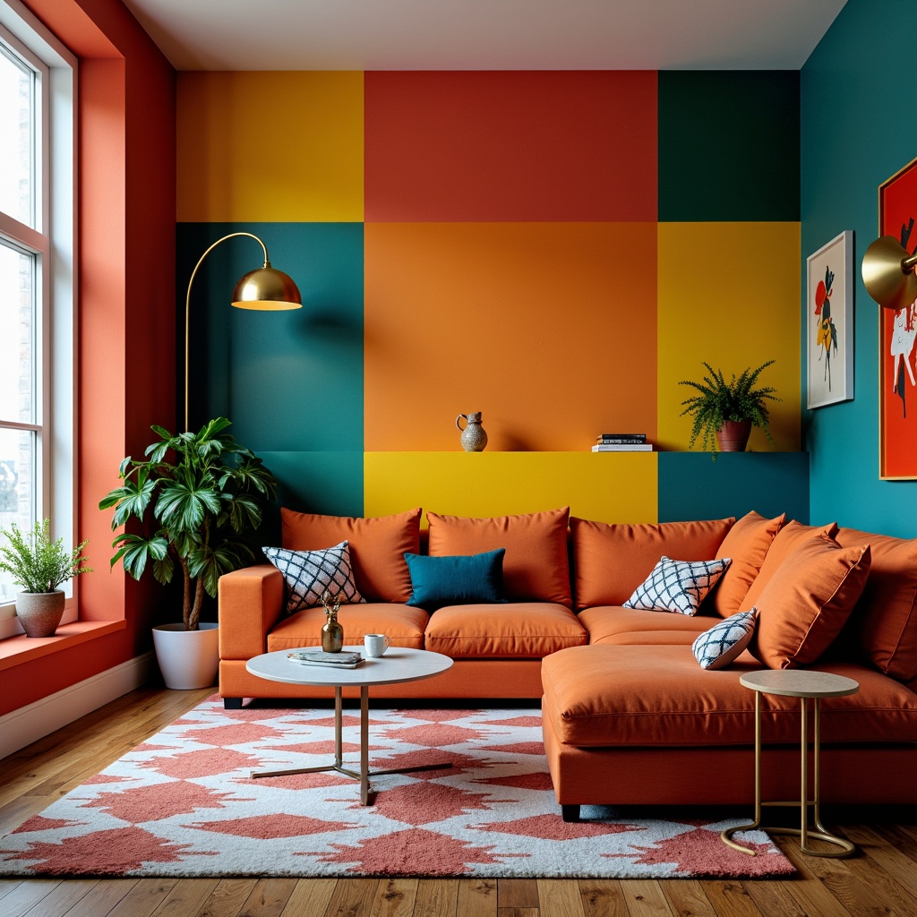 Prompt: Vibrant accent walls, bold color blocking, geometric patterned rugs, contrasting furniture upholstery, richly textured throw pillows, metallic gold lighting fixtures, natural wood flooring, modern minimalist decor, abstract artwork, statement pieces, eclectic accessories, soft warm glow, 1/2 composition, shallow depth of field, realistic textures, ambient occlusion.