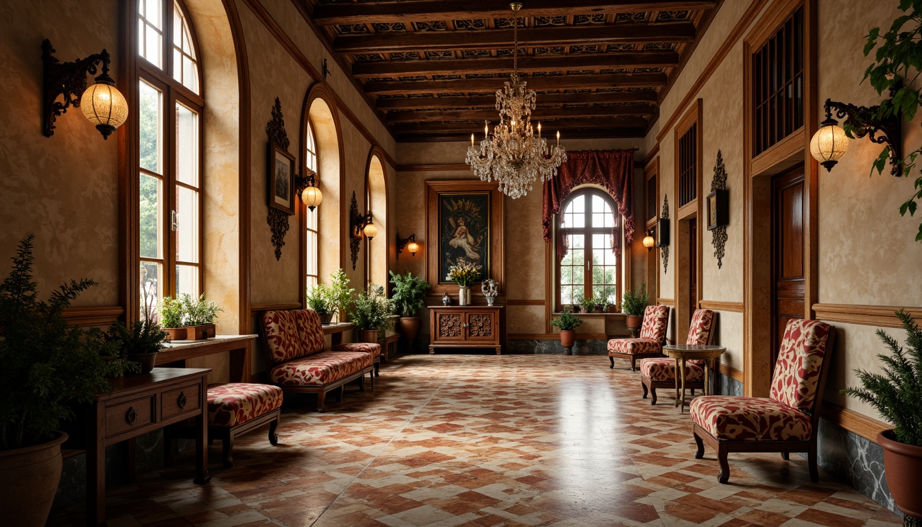 Prompt: Renaissance-style palace, ornate furnishings, intricate stone carvings, grand chandeliers, marble floors, inlaid wood patterns, decorative tile work, rich tapestries, luxurious fabrics, regal ambiance, warm golden lighting, shallow depth of field, 2/3 composition, symmetrical framing, realistic textures, ambient occlusion.