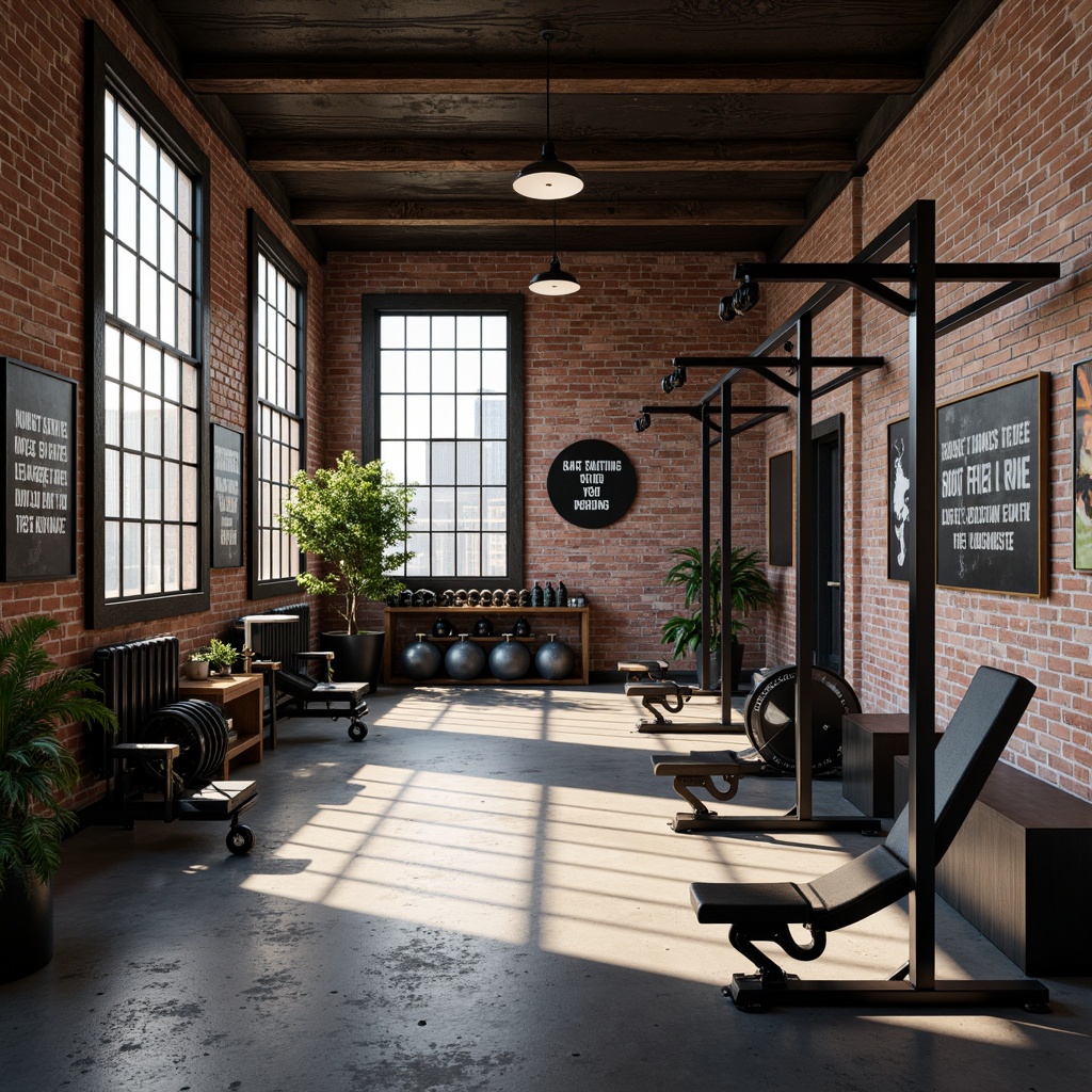 Prompt: Rugged industrial home gym, exposed brick walls, metal beams, reclaimed wood flooring, modern workout equipment, sleek metal frames, industrial-style lighting fixtures, motivational quotes, distressed concrete textures, functional shelving units, sports-themed decor, high-ceiling windows, natural light pouring in, urban loft atmosphere, dynamic shadows, shallow depth of field, 3/4 composition, realistic metallic reflections.