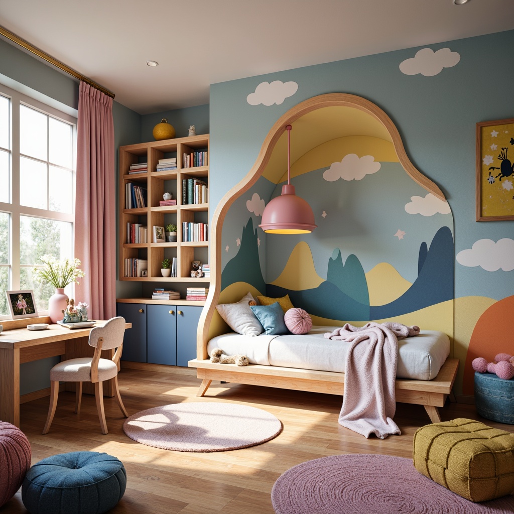 Prompt: Whimsical kids' bedroom, playful furniture design, bold color schemes, abstract shapes, mismatched patterns, oversized toys, fantastical lighting fixtures, cloud-shaped pillows, winding bookshelves, irregularly-shaped desks, curly-legged chairs, plush area rugs, soft pastel hues, eclectic decorative accents, vibrant wall murals, modern kid-friendly materials, sturdy wooden frames, cushioned window seats, cozy reading nooks, dramatic drapery, warm task lighting, 1/1 composition, shallow depth of field, realistic textures.