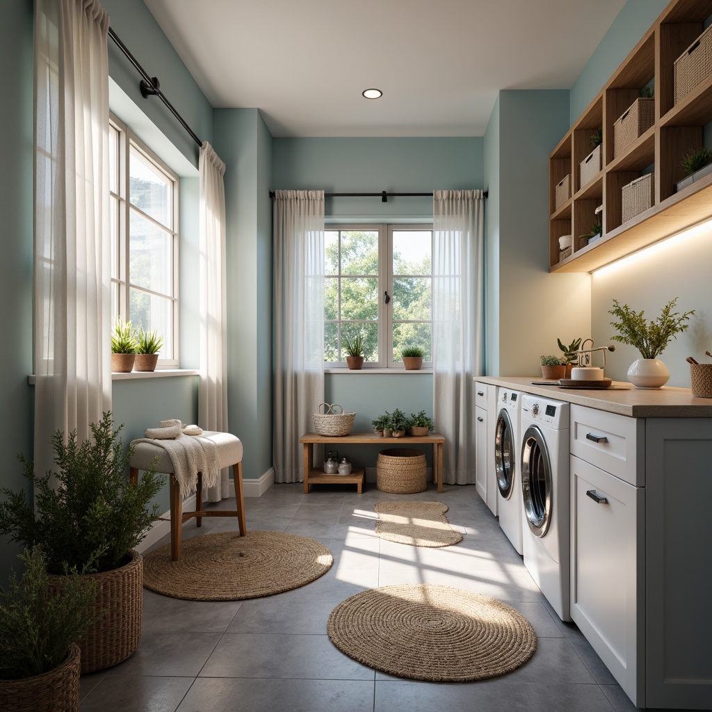 Prompt: Cozy laundry room, soft warm lighting, task lamps, overhead lighting fixtures, LED strips, natural daylight, sheer curtains, pale blue walls, white cabinets, stainless steel appliances, woven baskets, decorative rugs, modern minimalist decor, subtle textures, ambient shadows, 1/1 composition, shallow depth of field, realistic reflections.