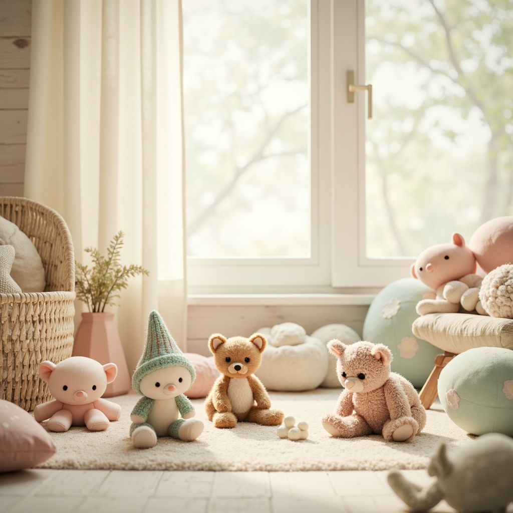 Prompt: Soft pastel hues, gentle cream accents, soothing mint tones, warm beige backgrounds, playful polka dots, whimsical woodland creatures, delicate florals, tender peach shades, calming light blue undertones, cozy plush fabrics, natural wood furniture, adorable baby animals, sweet nursery rhymes, peaceful morning sunlight, shallow depth of field, 1/1 composition, soft focus, gentle color gradations.