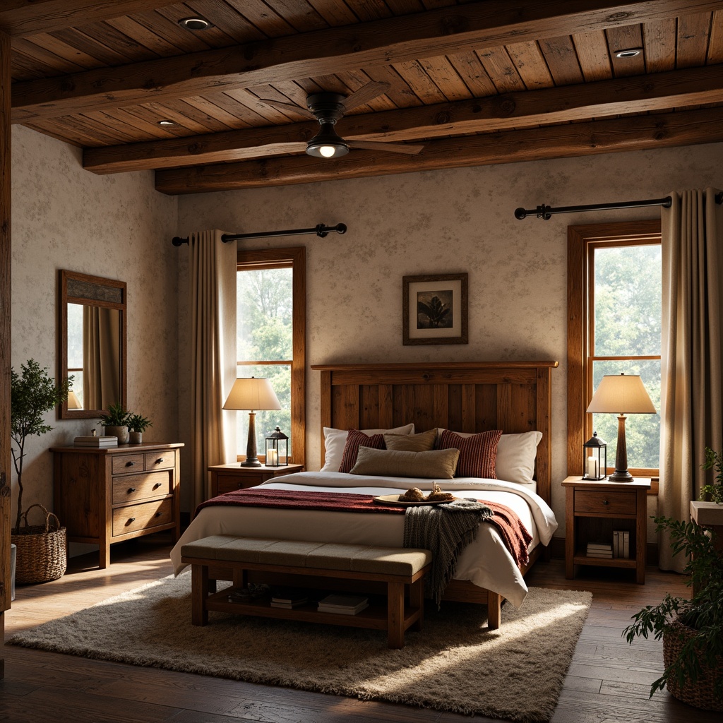 Prompt: Rustic bedroom, reclaimed wood furniture, distressed finishes, natural stone walls, earthy color palette, cozy throw blankets, vintage metal lanterns, pinecone decorations, woven baskets, plush area rugs, wooden ceiling beams, candlelit ambiance, soft warm lighting, shallow depth of field, 1/1 composition, realistic textures, ambient occlusion.