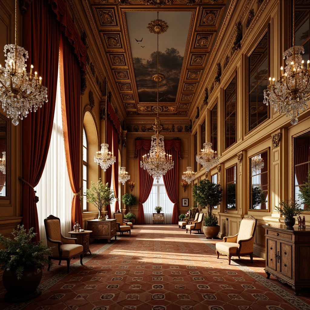 Prompt: Opulent palace interior, lavish furnishings, intricate wood carvings, gilded ornaments, delicate plasterwork, ornate mirrors, crystal chandeliers, velvet drapes, rich tapestries, soft golden lighting, warm color palette, elegant curves, symmetrical composition, highly detailed textures, realistic reflections, shallow depth of field, 1/1 aspect ratio, romantic ambiance.