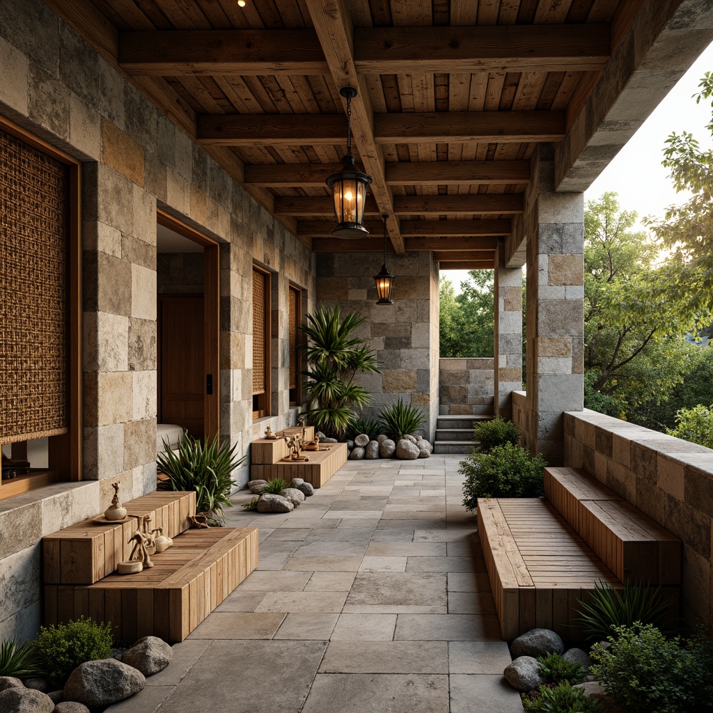 Prompt: Earthy tones, natural stone walls, reclaimed wood accents, woven textiles, organic shapes, earthy color palette, muted greenery, moss-covered stones, wooden benches, lantern-style lighting, warm ambient glow, shallow depth of field, 1/1 composition, cozy atmosphere, rustic charm, nature-inspired patterns, soft warm lighting, serene ambiance.