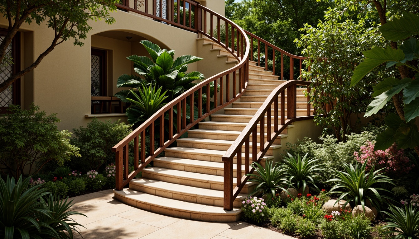 Prompt: Exotic tropical staircase, rich wooden handrails, ornate metal balusters, lush greenery surroundings, vibrant floral patterns, natural stone steps, warm beige tones, rustic wooden accents, elegant curved lines, soft warm lighting, 1/1 composition, realistic textures, ambient occlusion.