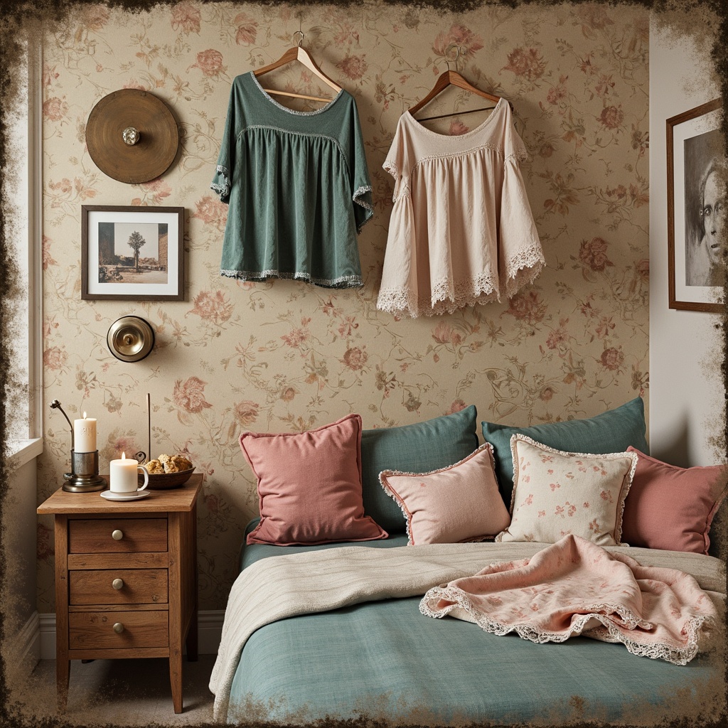 Prompt: Distressed velvet fabrics, soft pastel hues, vintage lace trimmings, rustic linen textures, worn wooden buttons, faded floral patterns, romantic ruffles, antique brocade designs, muted color palettes, subtle sheen finishes, cozy cable knits, aged paper-backed wallpapers, ornate metal frames, distressed leather accents, warm candlelight ambiance, soft focus photography, 1/2 composition, natural fiber blends.