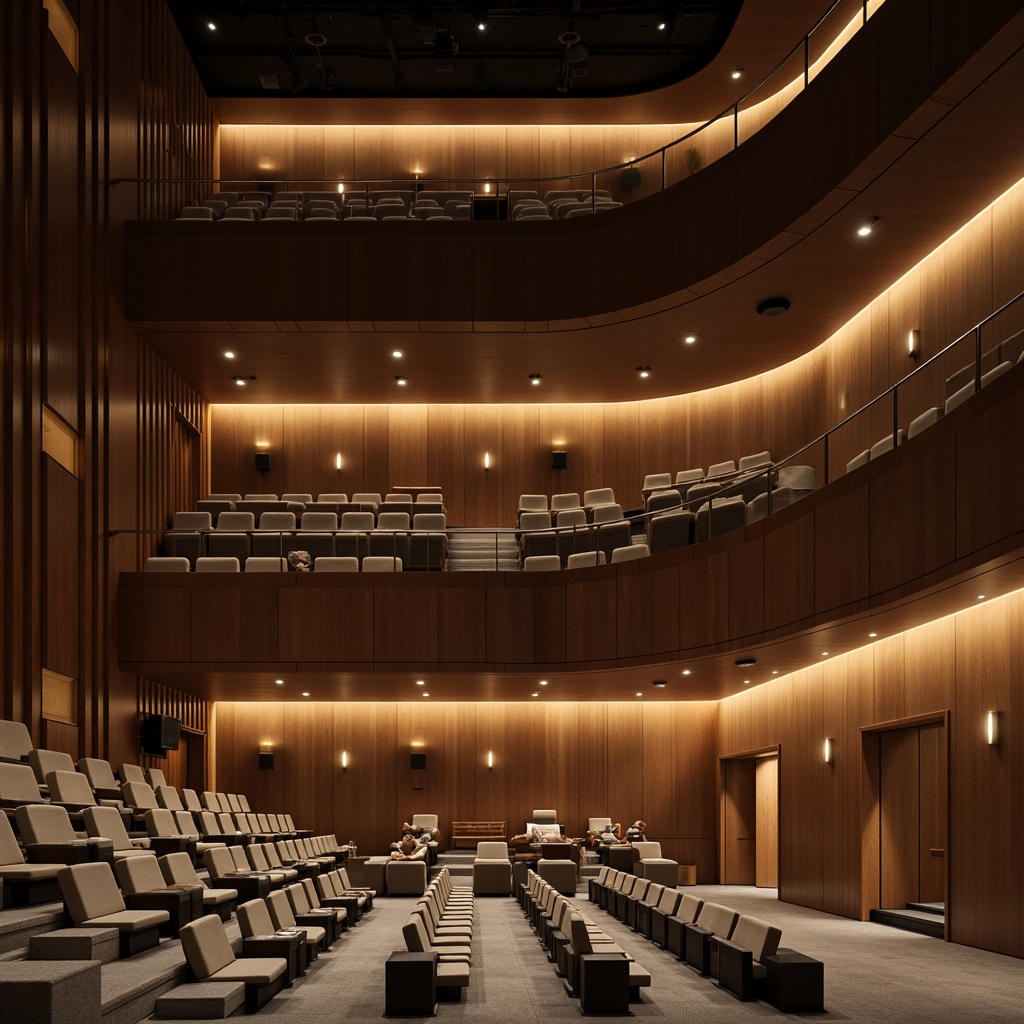 Prompt: Modern auditorium interior, streamline design, curved lines, minimalist aesthetic, neutral color palette, comfortable seating arrangement, optimized row spacing, ample legroom, premium upholstery materials, subtle ambient lighting, recessed floor lights, sleek metal railings, acoustic paneling, sound-absorbing materials, 3/4 composition, shallow depth of field, soft warm lighting, realistic textures, ambient occlusion.