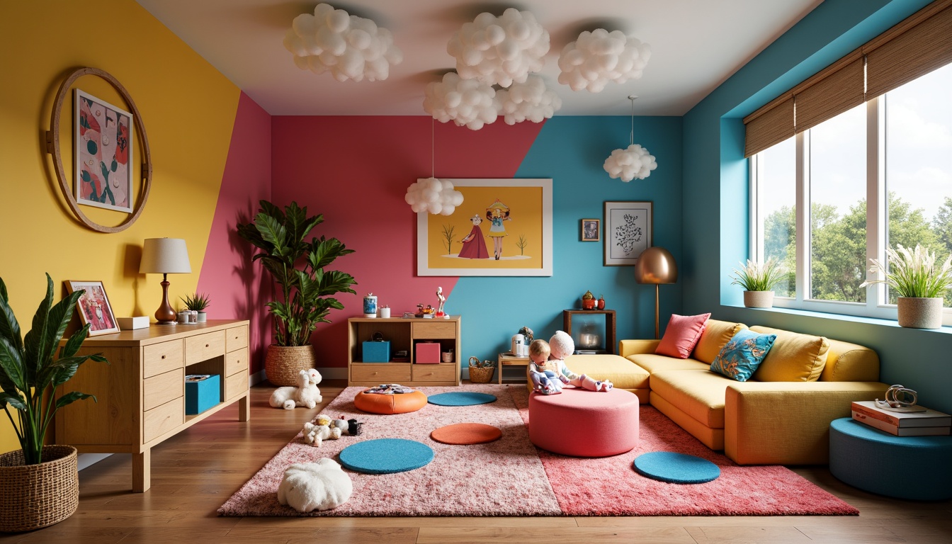 Prompt: Whimsical kid's room, bold colorful walls, playful furniture design, curved lines, irregular shapes, oversized toys, fantasy-inspired decor, vibrant textiles, soft cushions, plush rugs, eclectic lighting fixtures, modern art pieces, abstract patterns, mixed materials, recycled wood, metallic accents, futuristic gadgets, interactive playsets, cozy reading nooks, whimsical wall murals, dreamy cloud-shaped ceiling, warm atmospheric lighting, shallow depth of field, 1/1 composition, realistic textures, ambient occlusion.