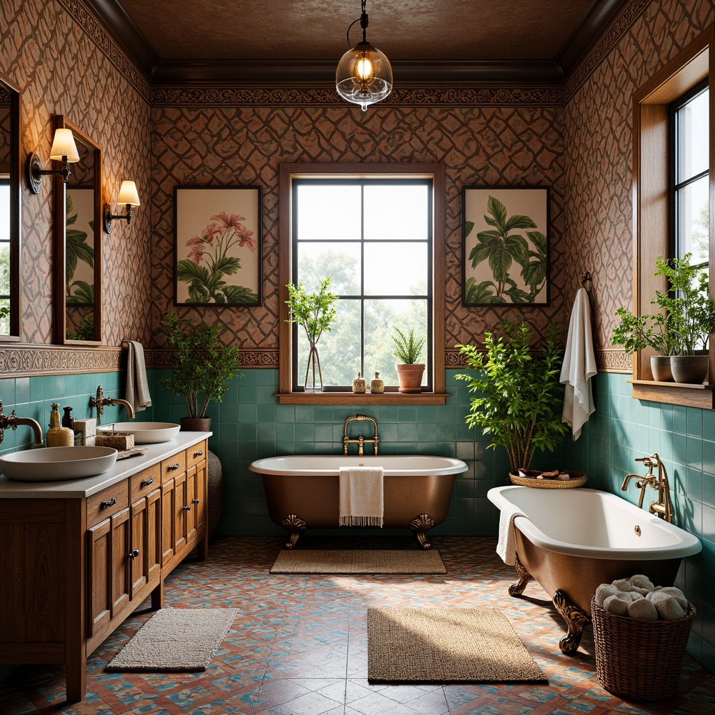 Prompt: Vibrant eclectic bathroom, ornate antique fixtures, distressed wooden vanities, colorful Moroccan tiles, patterned rugs, plush towels, woven baskets, natural stone countertops, metallic accents, industrial chic lighting, freestanding tubs, rainfall showerheads, lush greenery, botanical prints, warm ambient lighting, soft focus blur, 1/2 composition, realistic textures.