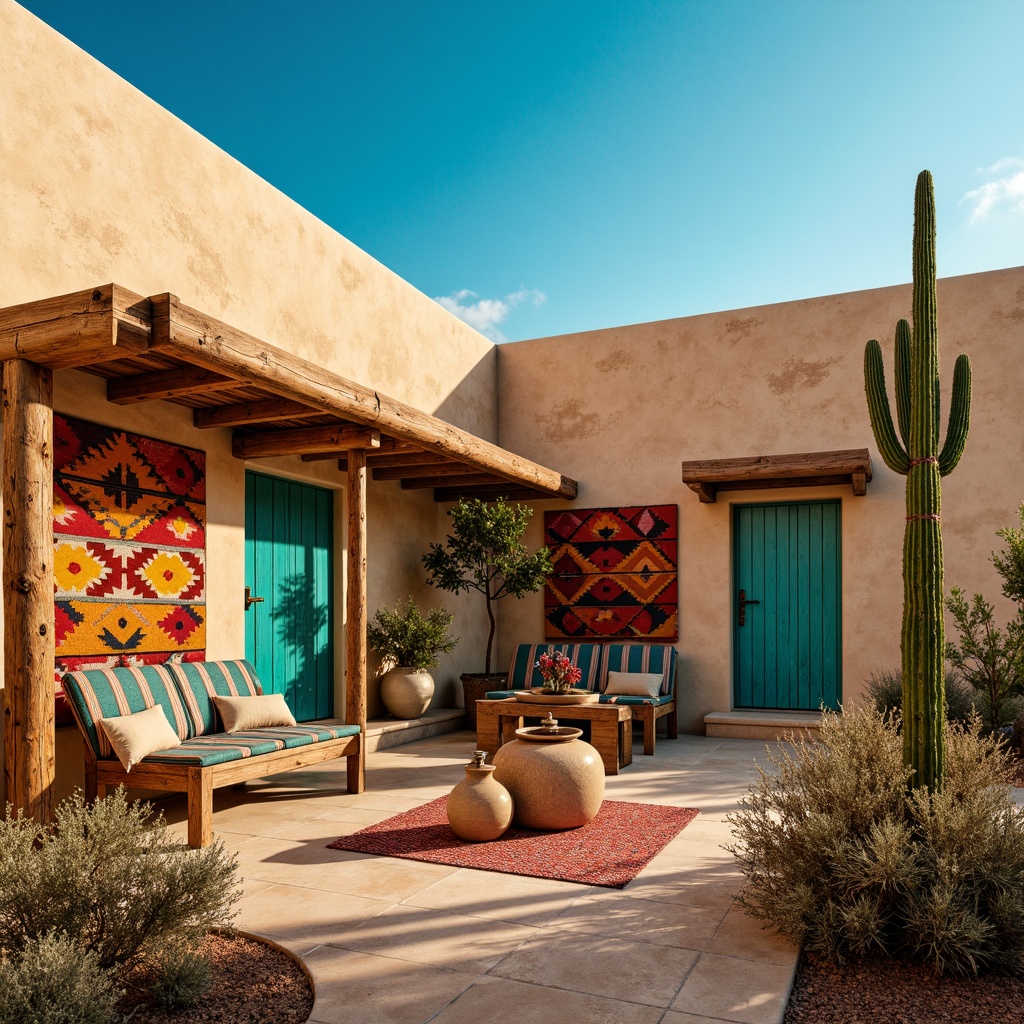 Prompt: Vibrant turquoise accents, earthy terracotta hues, warm sandy beige tones, rich cultural patterns, authentic Native American textiles, rustic wooden details, weathered stone walls, desert botanicals, cacti silhouettes, clear blue skies, golden hour lighting, soft warm shadows, 1/2 composition, naturalistic renderings, intricate geometric motifs, bold colorful ceramics.