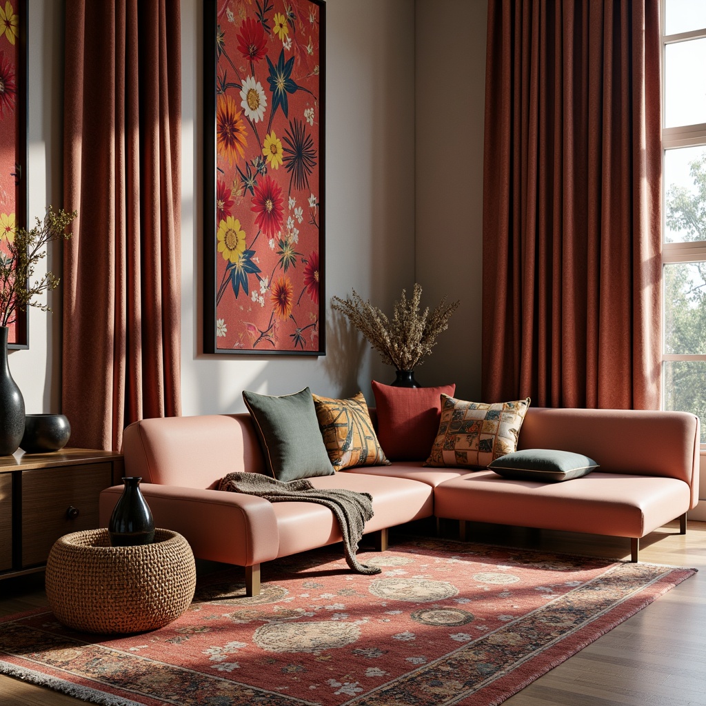 Prompt: Vibrant patterned fabrics, luxurious velvet drapes, soft silk upholstery, natural woven baskets, richly textured rugs, metallic accents, glossy wood furniture, minimalist ceramic vases, elegant marble countertops, ambient lighting, shallow depth of field, 1/1 composition, realistic reflections, subtle color gradients.