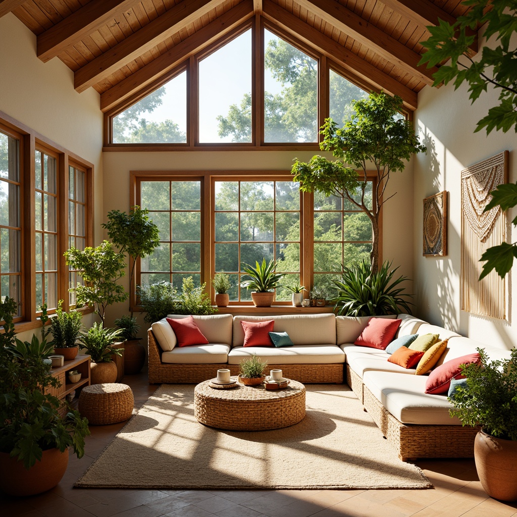 Prompt: Vibrant sunroom, eclectic style, natural light pouring in, large skylights, wooden beam ceiling, plush sectional sofa, colorful throw pillows, lush greenery, potted plants, rattan furniture, woven baskets, macrame wall hangings, reclaimed wood accents, bohemian textiles, warm beige tones, soft creamy whites, earthy terracotta pots, sunny afternoon, gentle warm lighting, shallow depth of field, 1/1 composition, intimate atmosphere, cozy ambiance.