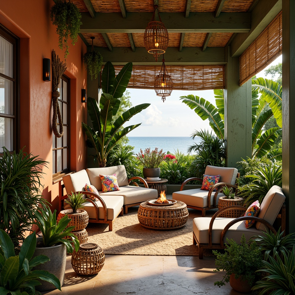 Prompt: Vibrant tropical setting, exotic plants, natural woven fibers, rattan furniture, distressed wood accents, colorful tiki torches, pendant lanterns, woven bamboo shades, nautical ropes, coastal driftwood, seaside-inspired decor, warm golden lighting, soft ambient glow, rustic metal fixtures, earthy terracotta tones, lush green walls, floral patterns, ocean breeze, sunny afternoon, 1/1 composition, shallow depth of field, realistic textures.