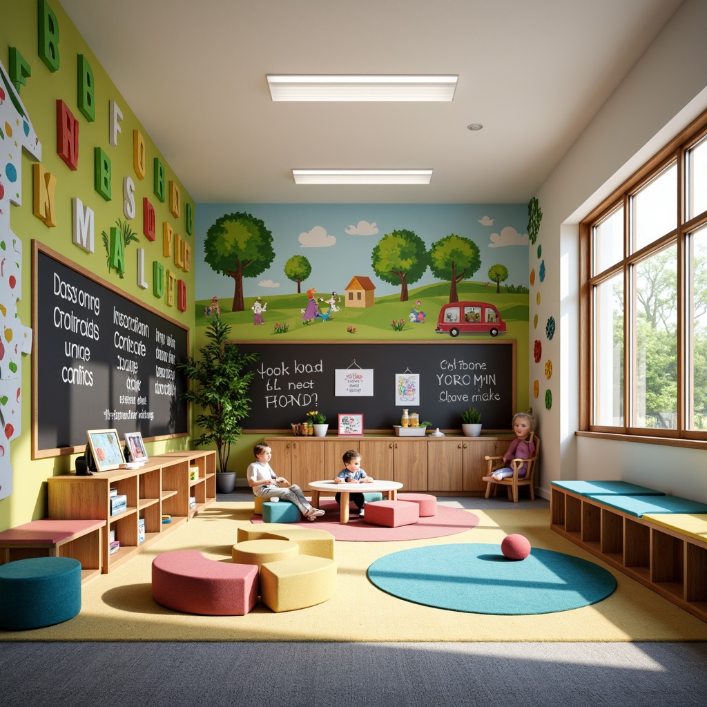 Prompt: Vibrant kindergarten classroom, colorful wall murals, whimsical tree designs, playful alphabet decorations, interactive chalkboard walls, soft pastel hues, rounded corner shelves, cozy reading nooks, comfortable carpeted floors, natural wood accents, decorative wall decals, fun educational graphics, inspiring quote displays, bright sunny lighting, shallow depth of field, 1/2 composition, warm and inviting atmosphere.