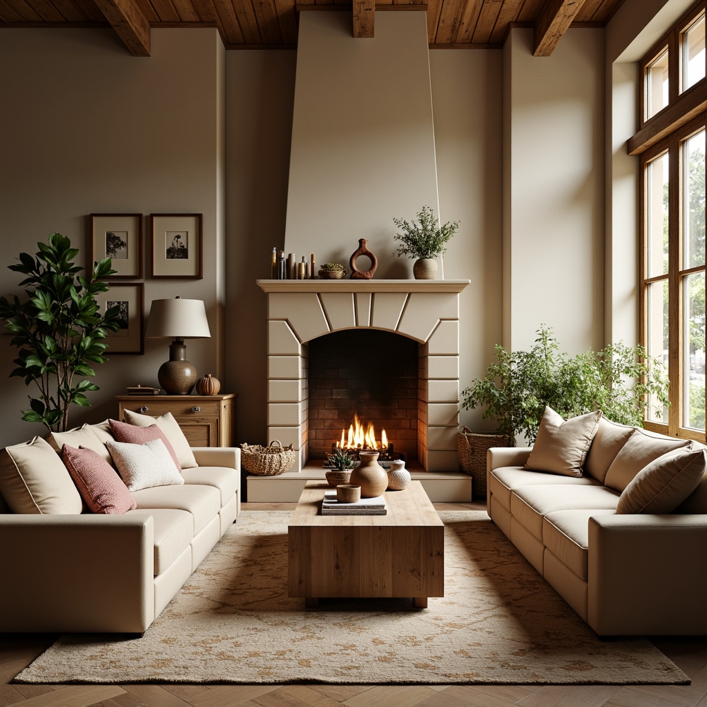 Prompt: Cozy living room, plush velvet sofas, soft pastel-colored throw pillows, warm beige carpets, natural wood coffee tables, rustic stone fireplaces, earthy terracotta vases, lush greenery, delicate lace curtains, subtle patterned rugs, ambient warm lighting, shallow depth of field, 3/4 composition, realistic textures, soft focus effect.