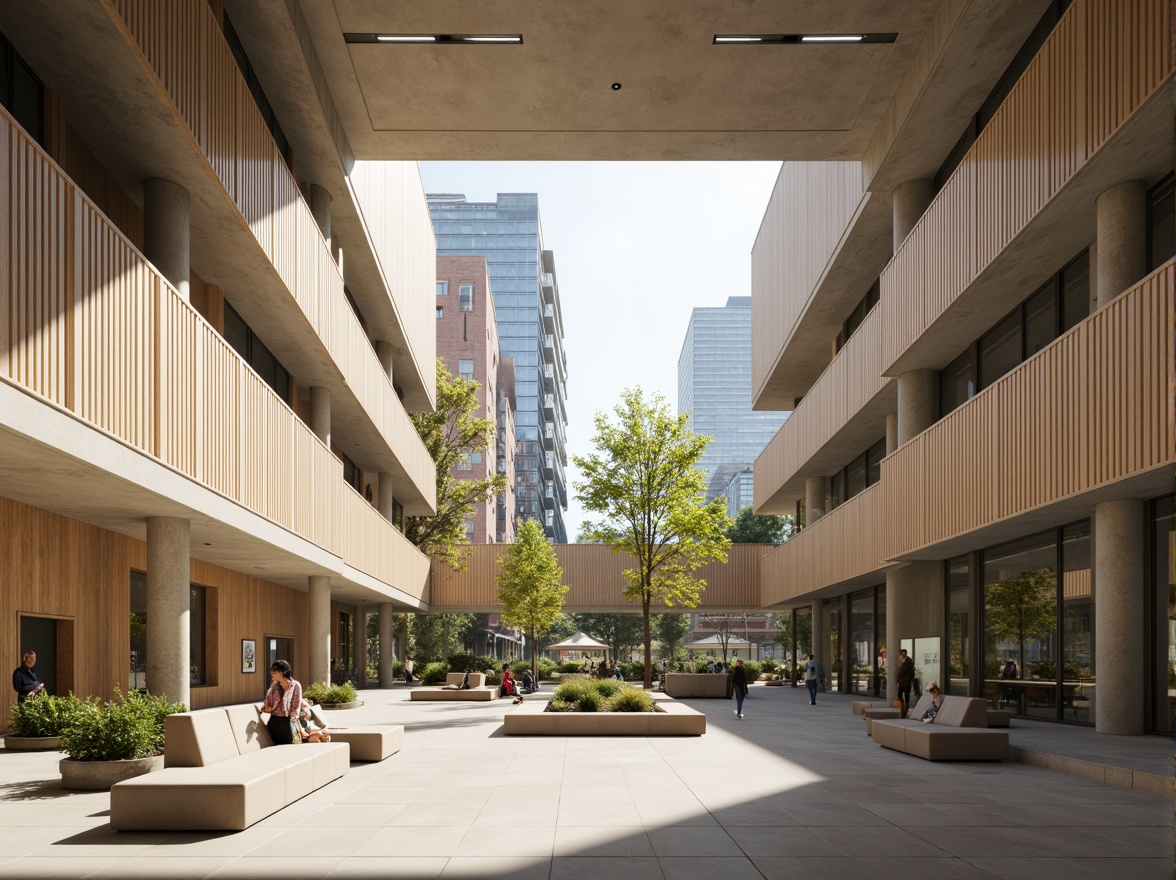 Prompt: Sleek cultural center, minimalist architecture, open atrium, natural light pouring in, polished concrete floors, wooden accents, subtle lighting fixtures, clean lines, geometric shapes, neutral color palette, airy atmosphere, public art installations, communal seating areas, green walls, floor-to-ceiling windows, urban cityscape views, soft warm lighting, shallow depth of field, 1/1 composition, panoramic view, realistic textures, ambient occlusion.