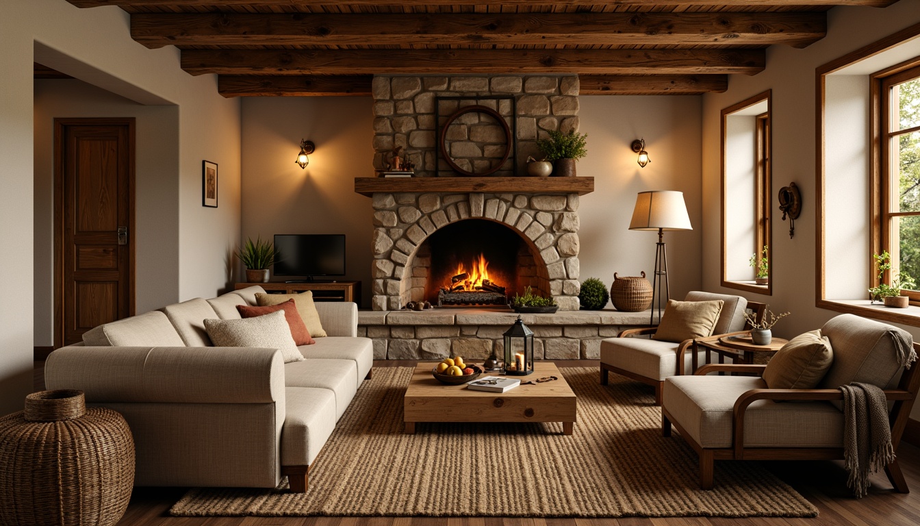 Prompt: Cozy rustic family room, warm wood accents, stone fireplace, plush sofas, vintage armchairs, soft cushions, woven baskets, natural textiles, earthy color palette, warm beige walls, wooden ceiling beams, metal lanterns, table lamps, floor lamps, warm yellow lighting, softbox lighting, ambient shadows, 1/1 composition, realistic textures, rustic wooden furniture, woven rugs, natural fabrics, comfortable seating areas.