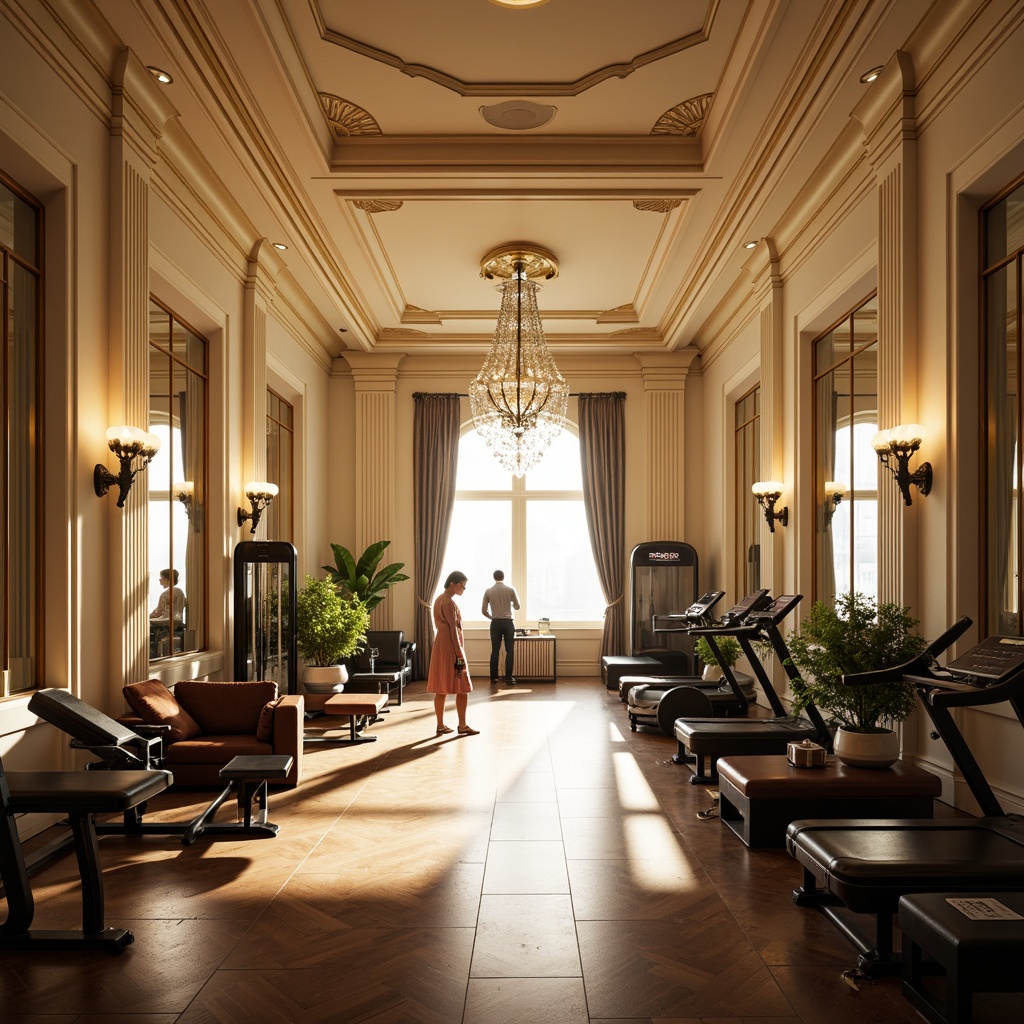 Prompt: Elegant home gym, neoclassical architecture, cream-colored walls, ornate moldings, crystal chandeliers, warm golden lighting, floor-to-ceiling windows, natural daylight, LED strip lights, suspended ceiling fixtures, indirect ambient lighting, soft shadows, 3-point lighting setup, realistic textures, high-contrast ratio, cinematic composition, shallow depth of field, symmetrical framing, ornate mirrors, dark wood flooring, leather-bound exercise equipment, greenery accents, morning sunlight, warm color temperature.