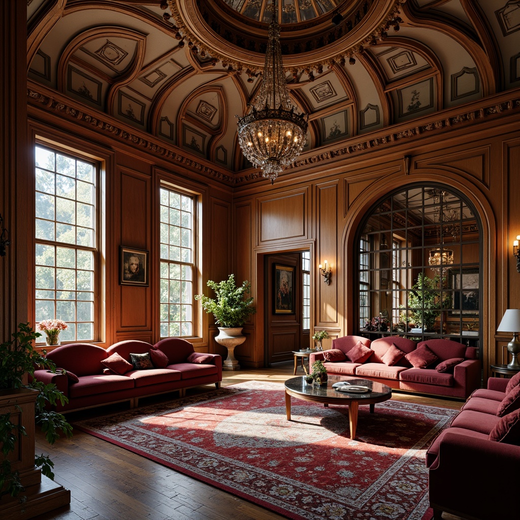 Prompt: Opulent living room, intricately carved wooden panels, sinuous lines, flowing curves, organic forms, luxurious velvet fabrics, rich jewel-toned colors, ornate metalwork, delicate filigree patterns, beveled glass windows, grand chandelier, soft warm lighting, shallow depth of field, 3/4 composition, elegant furniture silhouettes, refined textures, subtle ambient occlusion.