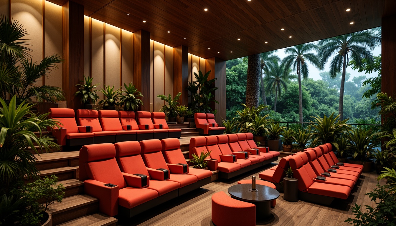 Prompt: Vibrant tropical cinema interior, plush reclining seats, adjustable armrests, soft velvety upholstery, warm ambient lighting, wooden flooring, natural textiles, lush greenery, exotic floral arrangements, curved rows, staggered seating, optimal viewing angles, comfortable legroom, ergonomic design, refreshing color scheme, calming atmosphere, cinematic sound system, immersive audio experience, subtle scenting, relaxing ambiance, 1/2 composition, soft focus blur, realistic rendering.