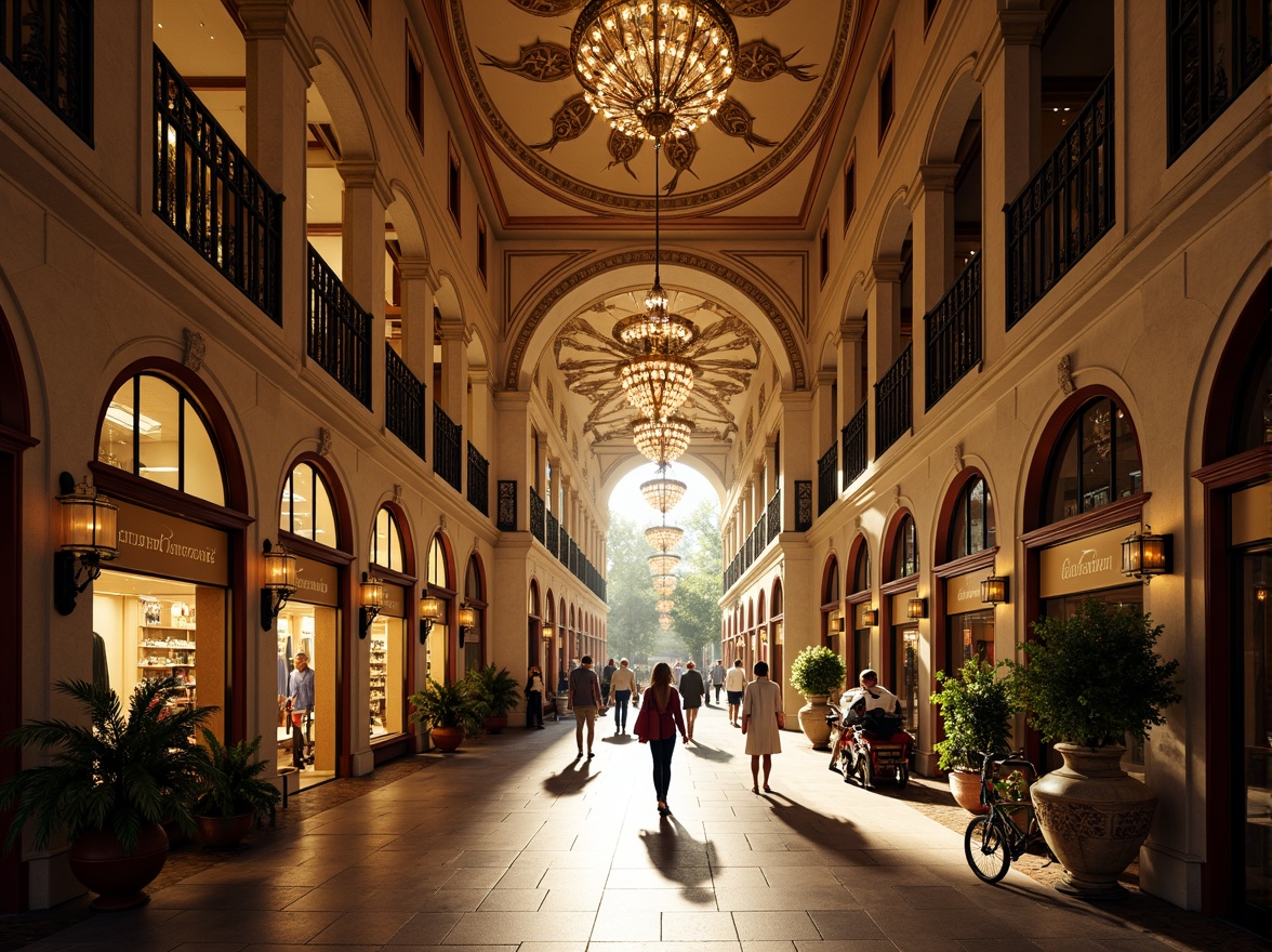 Prompt: Grand archways, ornate columns, intricately carved stonework, high ceilings, grand chandeliers, elegant staircases, marble floors, opulent furnishings, lavish decorations, warm golden lighting, soft focus, shallow depth of field, 1/2 composition, symmetrical framing, Renaissance-inspired architecture, classical details, ornamental balconies, rich textiles, luxurious atmosphere, vibrant colors, busy shopping scene, afternoon sunbeams.