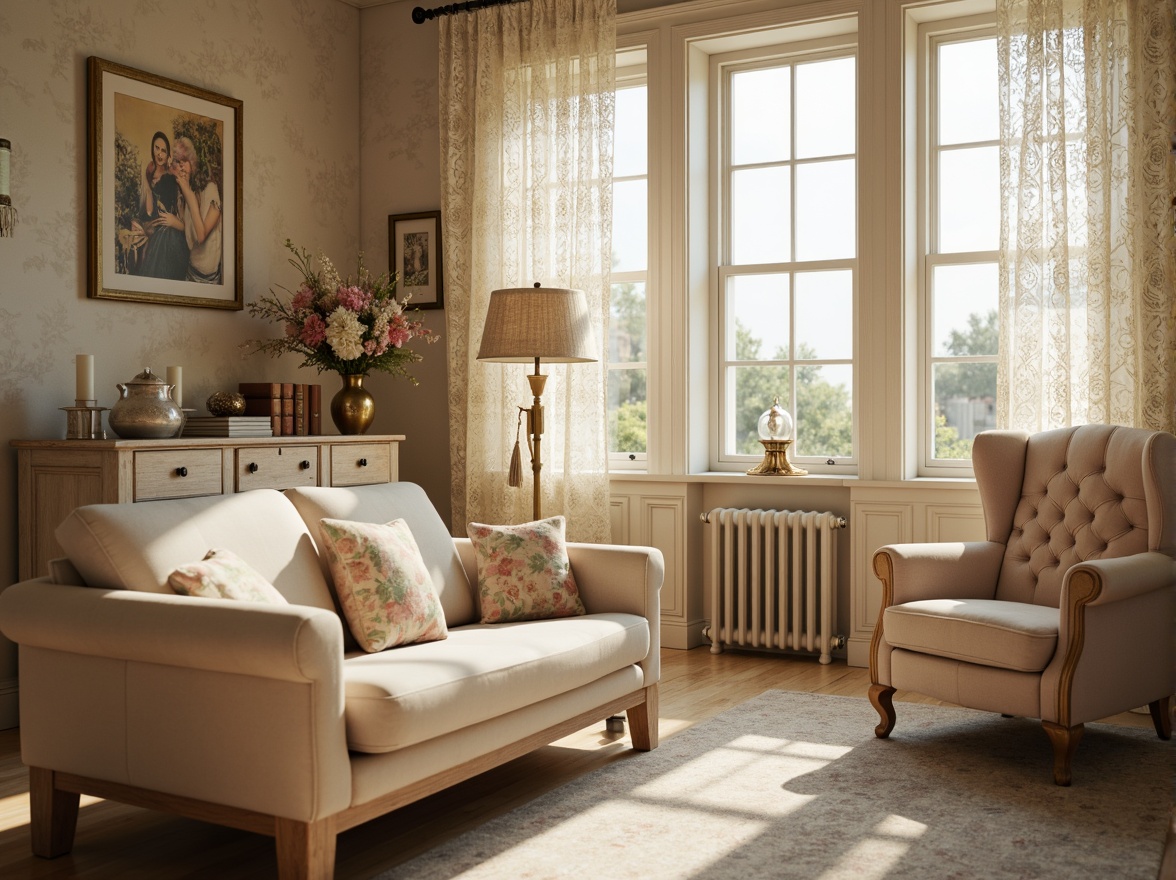 Prompt: Soft, feminine boudoir, distressed vintage furniture, lace curtains, floral patterns, pastel hues, worn wood textures, gentle candlelight, warm beige tones, creamy whites, pale pinks, baby blues, muted greens, subtle weathered finishes, ornate gold accents, delicate porcelain vases, romantic whimsy, dreamy atmosphere, soft focus, warm golden lighting, 1/1 composition, intimate setting.