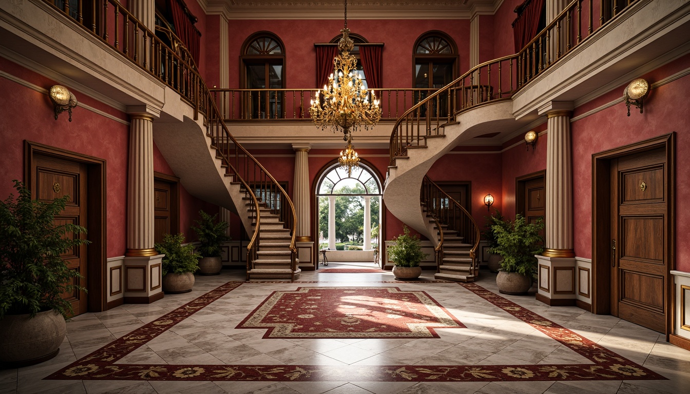 Prompt: Opulent Renaissance-style mansion, intricately patterned marble floors, richly polished wood inlays, ornate hand-carved stone borders, lavish area rugs with gold accents, regal crimson red walls, grand chandeliers, sweeping staircases, imposing columns, high ceilings, dramatic archways, soft warm lighting, 1/1 composition, realistic textures, ambient occlusion.