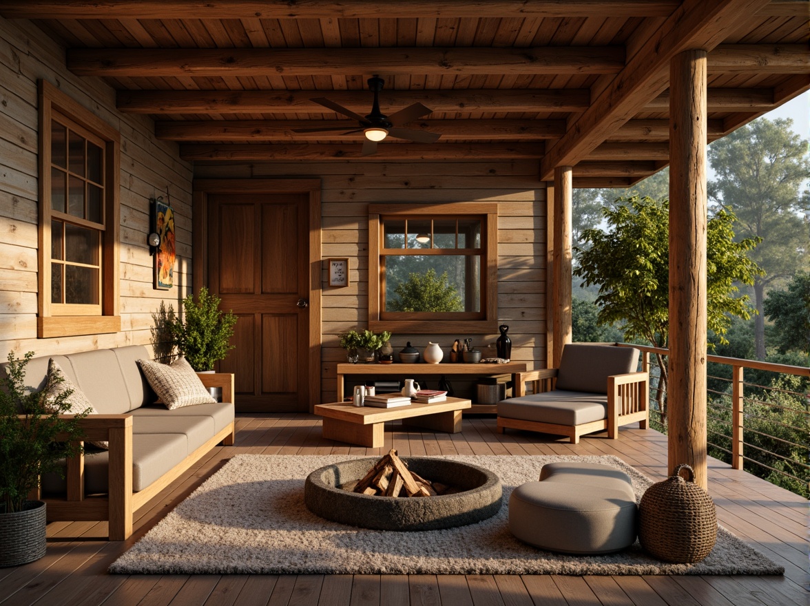 Prompt: Rustic wooden cabin, earthy tones, warm beige, weathered wood accents, natural stone walls, vintage metal decor, distressed finishes, cozy fire pit, plush textiles, soft candlelight, afternoon sunlight, shallow depth of field, 2/3 composition, warm color grading, realistic wood grain, ambient occlusion.