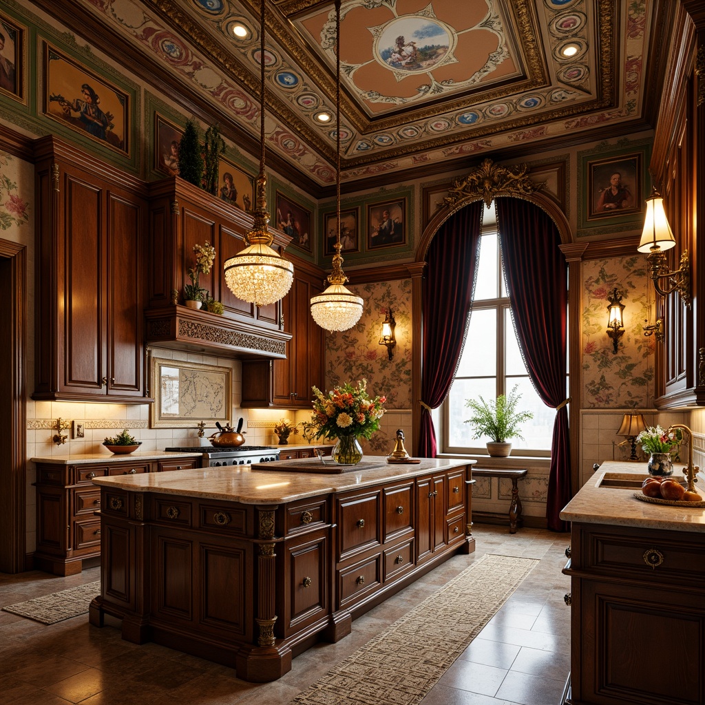 Prompt: Ornate kitchen island, intricately carved wooden cabinetry, warm golden lighting, elegant bronze hardware, richly veined marble countertops, ornamental ceramic tiles, decorative metal range hoods, opulent crystal chandeliers, lavish velvet drapes, sophisticated pendant lamps, refined traditional architecture, grandiose vaulted ceilings, exquisite hand-painted murals, vibrant fresco-inspired wallpaper, rustic stone flooring, warm earthy tones, soft ambient glow, 1/2 composition, dramatic chiaroscuro.