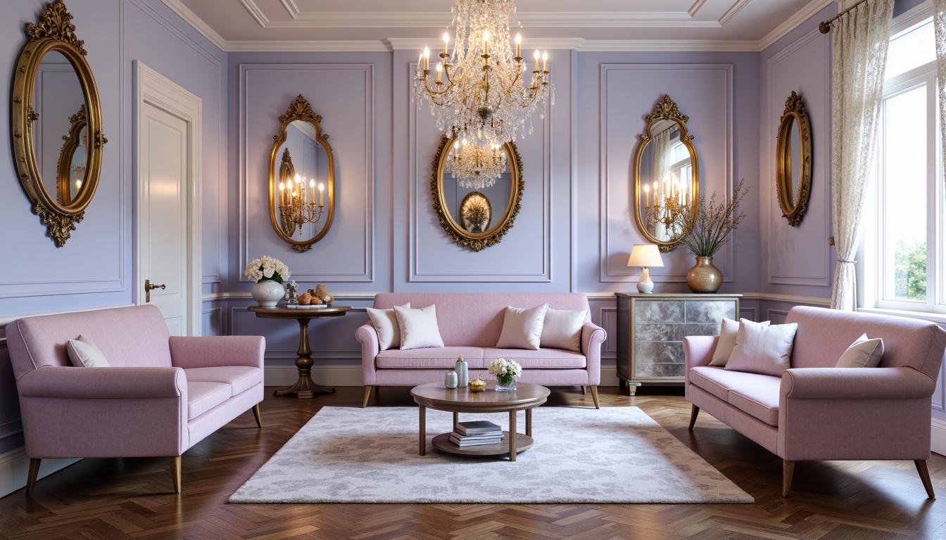 Prompt: Soft lavender blue walls, creamy white trim, gold accents, ornate mirrors, plush velvet sofas, crystal chandeliers, delicate lace curtains, rich wood flooring, elegant vases, fresh flower arrangements, warm candlelight, shallow depth of field, 1/1 composition, realistic textures, ambient occlusion.