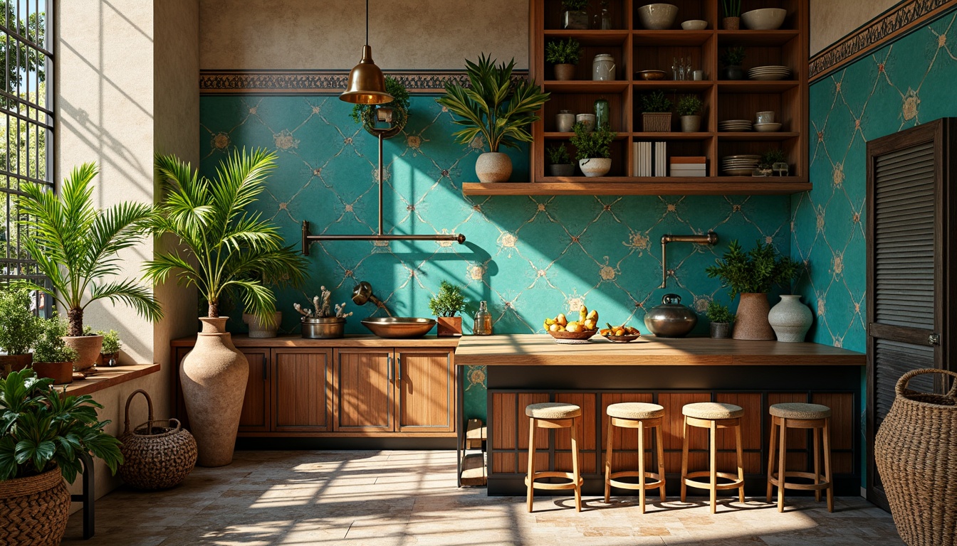 Prompt: Vibrant turquoise tiles, eclectic mix of patterns, bold geometric shapes, Moroccan-inspired accents, rustic wooden cabinets, distressed metal fixtures, industrial-style lighting, woven rattan baskets, lush greenery, tropical plants, natural stone flooring, earthy tone walls, warm golden lighting, soft focus, shallow depth of field, 1/2 composition, intimate atmosphere.