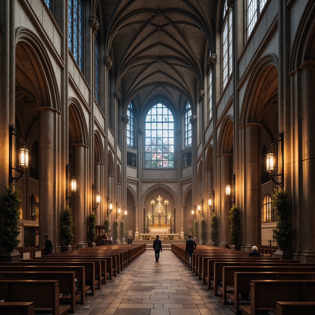 Prompt: Grandiose cathedral interior, soaring vaulted ceilings, ribbed arches, stained glass windows, intricate stone carvings, ornate pinnacles, flying buttresses, majestic altar, polished marble floors, mystical ambiance, soft warm lighting, dramatic shadows, atmospheric fog, 1/1 composition, symmetrical framing, realistic textures, ambient occlusion.