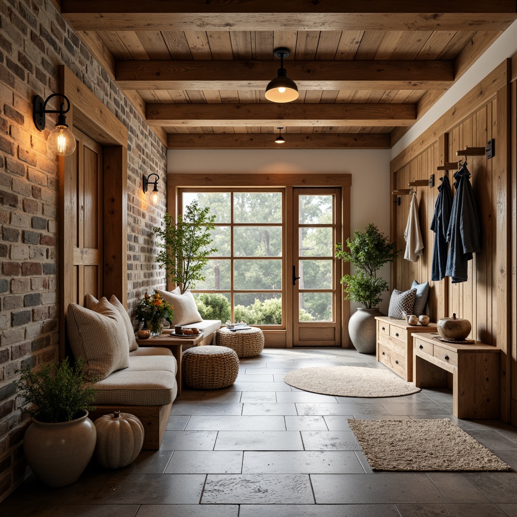 Prompt: Cozy mudroom, rustic wooden accents, earthy color palette, natural stone flooring, woven baskets, vintage metal hooks, industrial-style lighting fixtures, exposed brick walls, modern farmhouse design, large windows, sliding glass doors, plush area rugs, built-in bench seating, decorative pillows, warm ambient lighting, soft focus, shallow depth of field, 2/3 composition, realistic textures, subtle color grading.