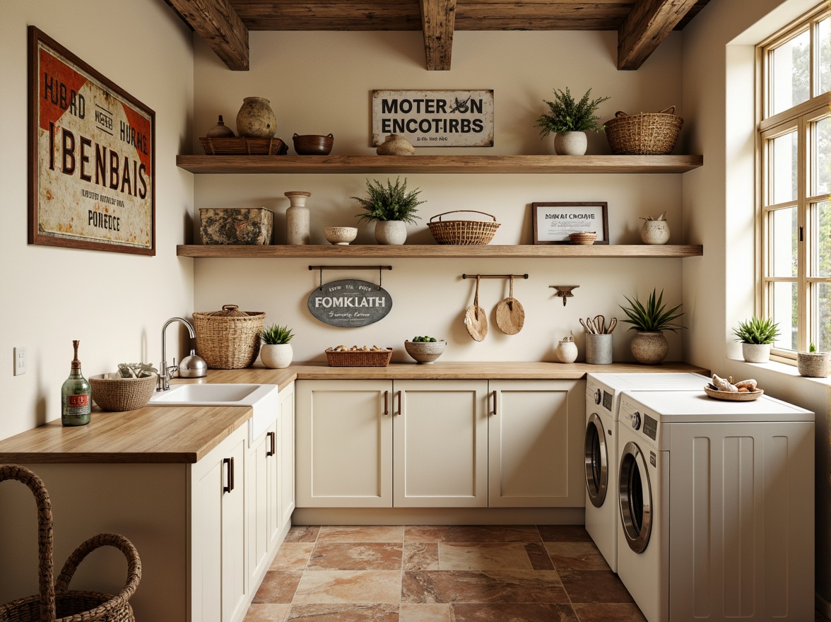 Prompt: Soft cream walls, warm beige tones, rustic wood accents, vintage metal signs, distressed wooden shelves, antique washing machines, woven baskets, floral patterns, pastel color schemes, natural stone floors, earthy terracotta tiles, cozy ambiance, warm soft lighting, shallow depth of field, 1/1 composition, realistic textures, ambient occlusion.