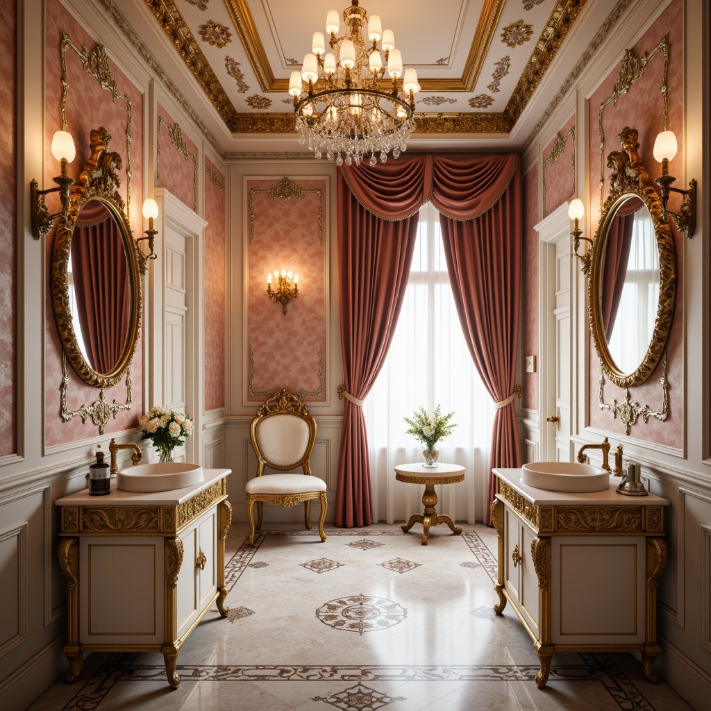 Prompt: Richly ornamented powder room, soft golden lighting, lavish velvet drapes, intricate marble floors, ornate mirrors, gilded furniture accents, pastel-hued walls, pale peach tones, dusty rose colors, mauve undertones, creamy whites, subtle silver highlights, delicate floral patterns, Rococo-inspired designs, whimsical putti decorations, lavish crystal chandeliers, warm candlelight, shallow depth of field, 1/1 composition, realistic textures, ambient occlusion.