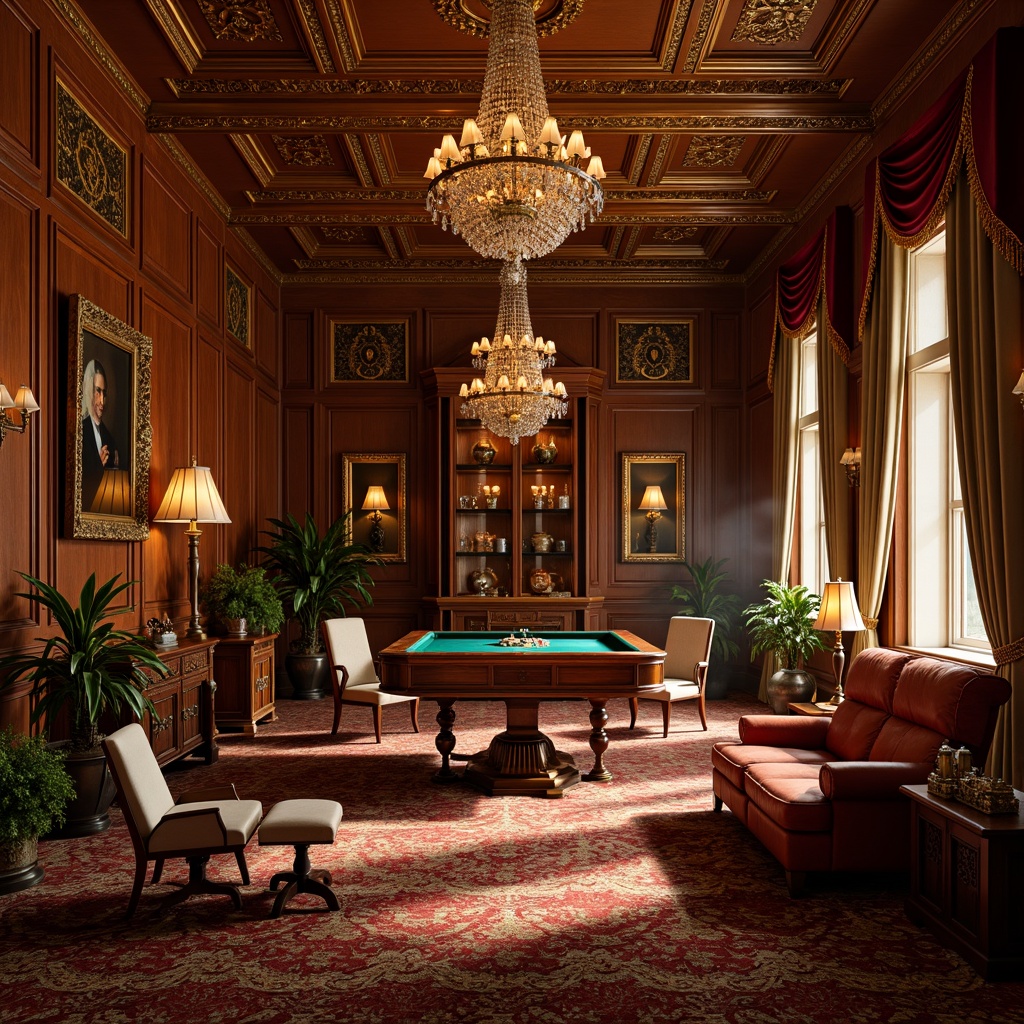 Prompt: Elegant game room, rich wood paneling, ornate moldings, stately furniture, velvet drapes, gilded frames, crystal chandeliers, luxurious carpets, neoclassical motifs, curved lines, symmetrical compositions, warm golden lighting, atmospheric shadows, 1/1 composition, close-up shot, realistic textures, ambient occlusion, comfortable seating areas, wooden game tables, leather-upholstered chairs, intricately carved cabinets, antique-inspired decorative objects.