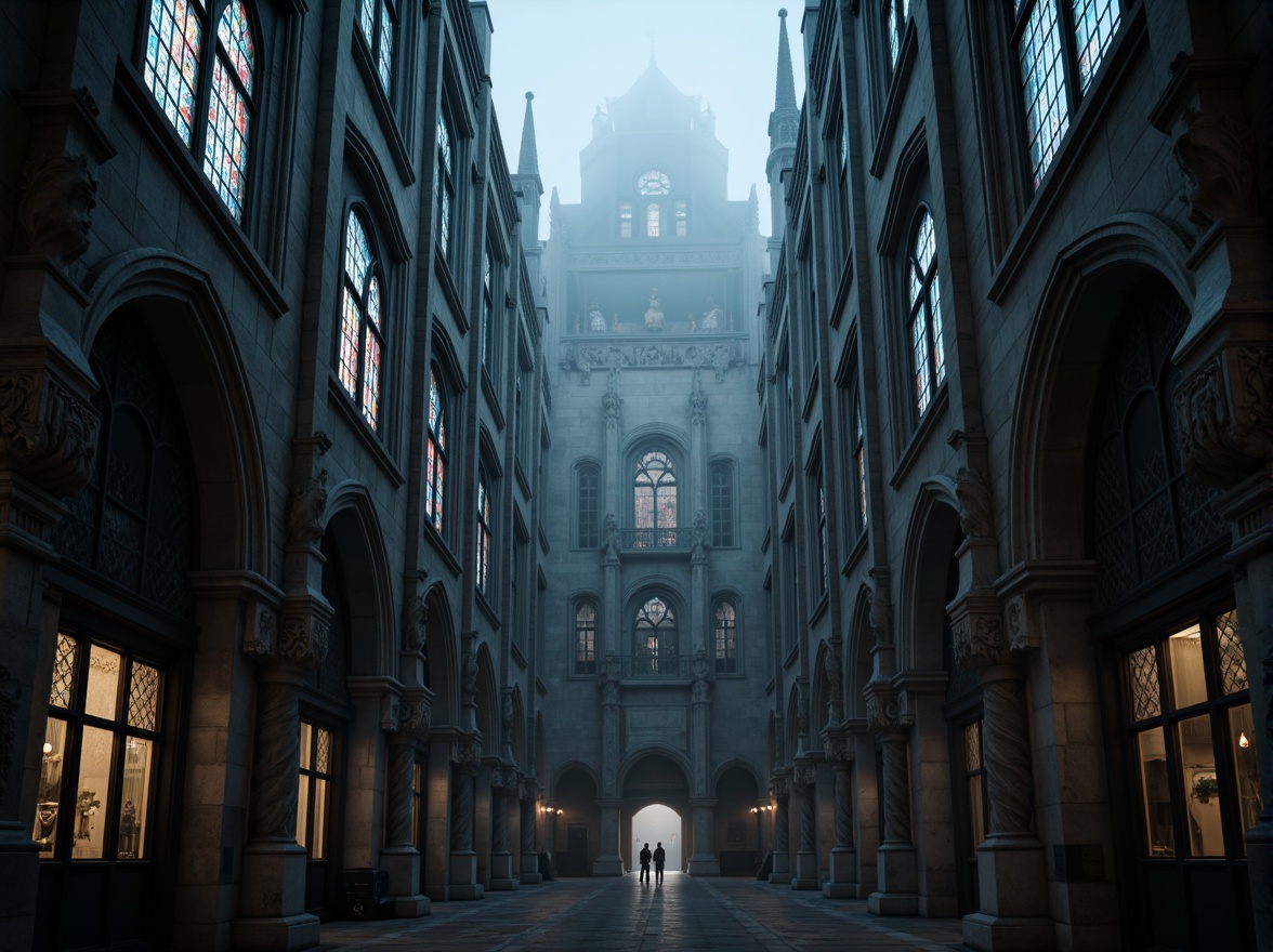 Prompt: Intricate stone carvings, pointed arches, ribbed vaults, flying buttresses, grandiose spires, ornate gargoyles, stained glass windows, dramatic verticality, richly textured walls, mystical ambiance, eerie dim lighting, atmospheric fog effects, 1/1 composition, symmetrical framing, high-contrast rendering, cinematic mood.