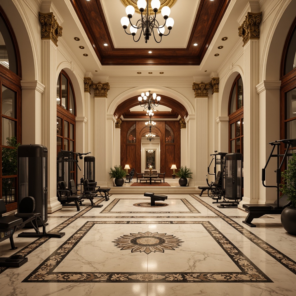 Prompt: Luxurious home gym, neoclassical architecture, marble flooring, intricate inlays, ornate patterns, polished wood accents, rich walnut paneling, cream-colored walls, high ceilings, grand chandeliers, elegant columns, ornamental mirrors, sophisticated workout equipment, plush area rugs, warm ambient lighting, soft shadows, 1/1 composition, realistic textures, subtle color grading.