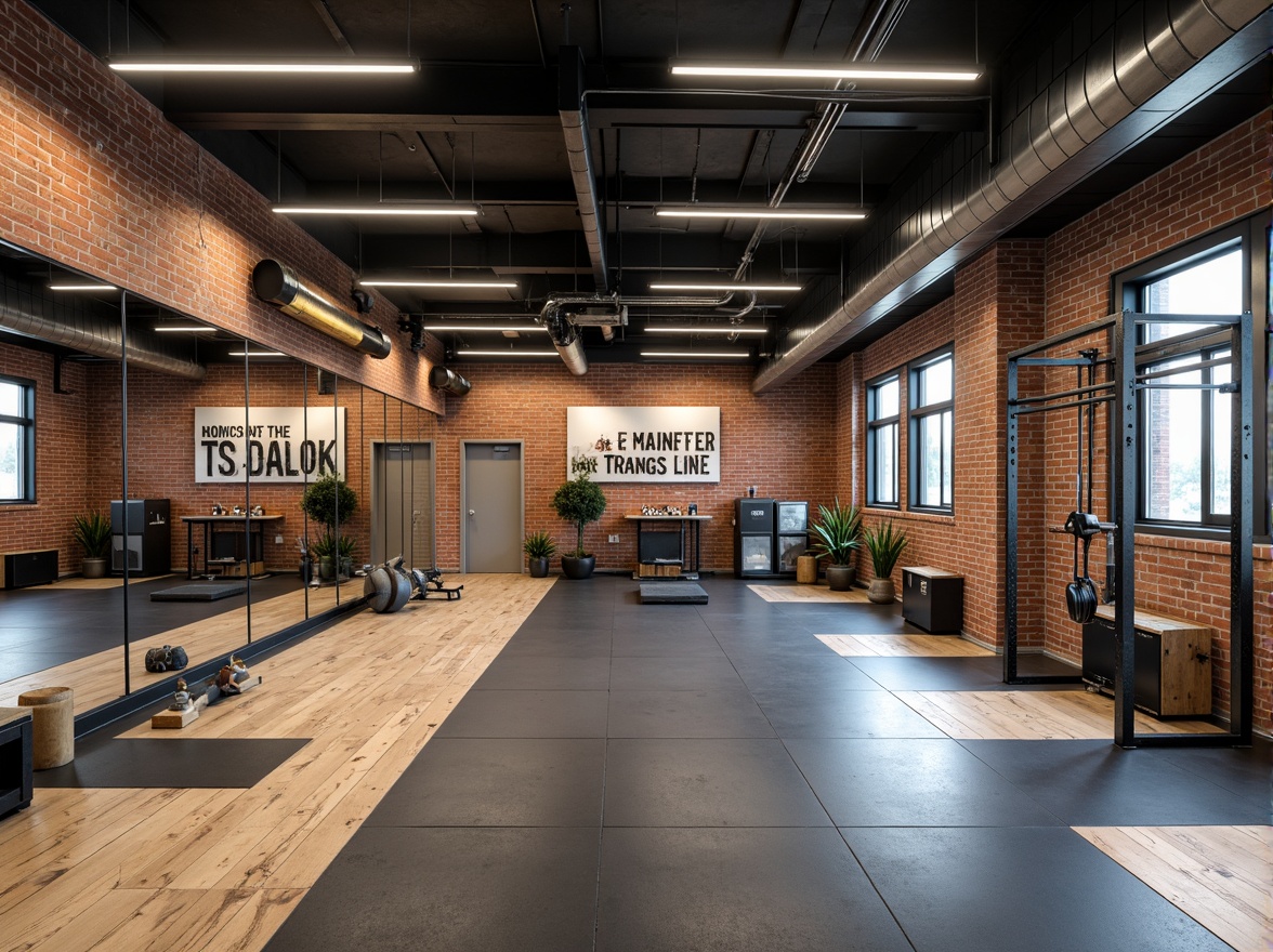 Prompt: Exposed brick walls, industrial metal beams, reclaimed wood accents, concrete floors, epoxy resin coatings, metallic finishes, urban loft atmosphere, functional training equipment, mirrored walls, LED lighting strips, high ceilings, open spaces, minimalist decor, raw concrete textures, distressed wood planks, steel framing, mechanical pipes, athletic flooring, rubber gym mats, sports-themed wall art, motivational quotes, modern industrial architecture.