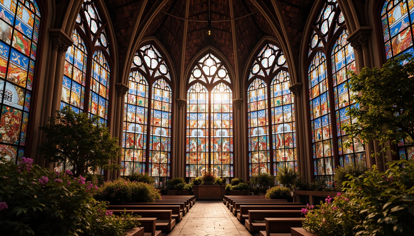 Prompt: Vibrant stained glass windows, kaleidoscope colors, geometric patterns, ornate designs, Gothic architecture, grand cathedral, intricate details, luminous lighting, warm ambient glow, rich textures, spiritual atmosphere, serene ambiance, peaceful surroundings, natural scenery, blooming flowers, lush greenery, sunny day, soft focus, shallow depth of field, 1/1 composition, realistic rendering.