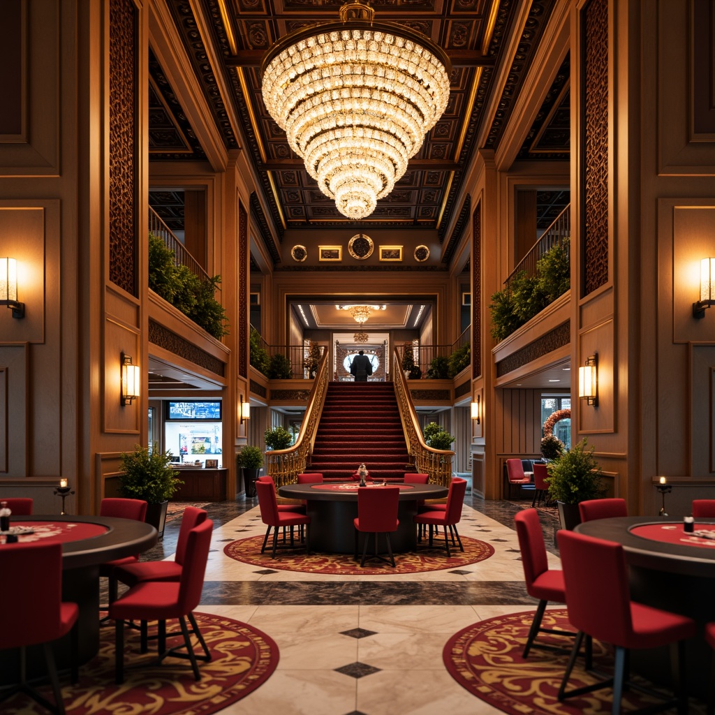 Prompt: Luxurious casino interior, rich wood tones, ornate carvings, velvet upholstery, crystal chandeliers, lavish furnishings, intricate patterns, golden accents, classic columns, grand staircases, opulent drapery, marble floors, warm ambient lighting, shallow depth of field, 2/3 composition, realistic textures, detailed normal maps.