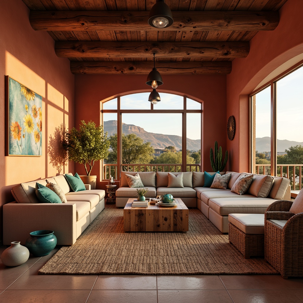 Prompt: Southwestern style living room, warm earthy tones, adobe red walls, sandy beige floors, vibrant turquoise accents, plush sectional sofas, woven rattan furniture, natural fiber rugs, geometric patterned textiles, Pueblo-inspired pottery, desert botanicals, cacti plants, sun-bleached wooden beams, rustic metal lighting fixtures, warm golden lighting, cozy reading nooks, large windows with panoramic views, mountainous landscape views, soft warm glow, shallow depth of field, 3/4 composition, realistic textures, ambient occlusion.