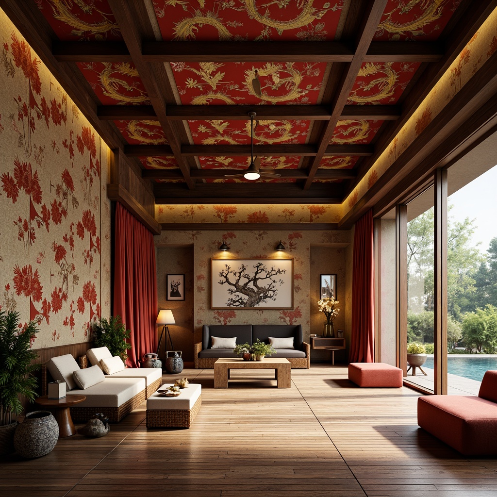 Prompt: Intricate Oriental patterns, rich silk fabrics, embroidered dragons, cherry blossom motifs, natural bamboo textures, woven rattan furniture, hand-painted ceramics, delicate lanterns, warm golden lighting, subtle incense aromas, serene water features, lush greenery, traditional Japanese sliding doors, modern minimalist architecture, bold red accents, luxurious velvet drapes, elegant calligraphy wallpapers.