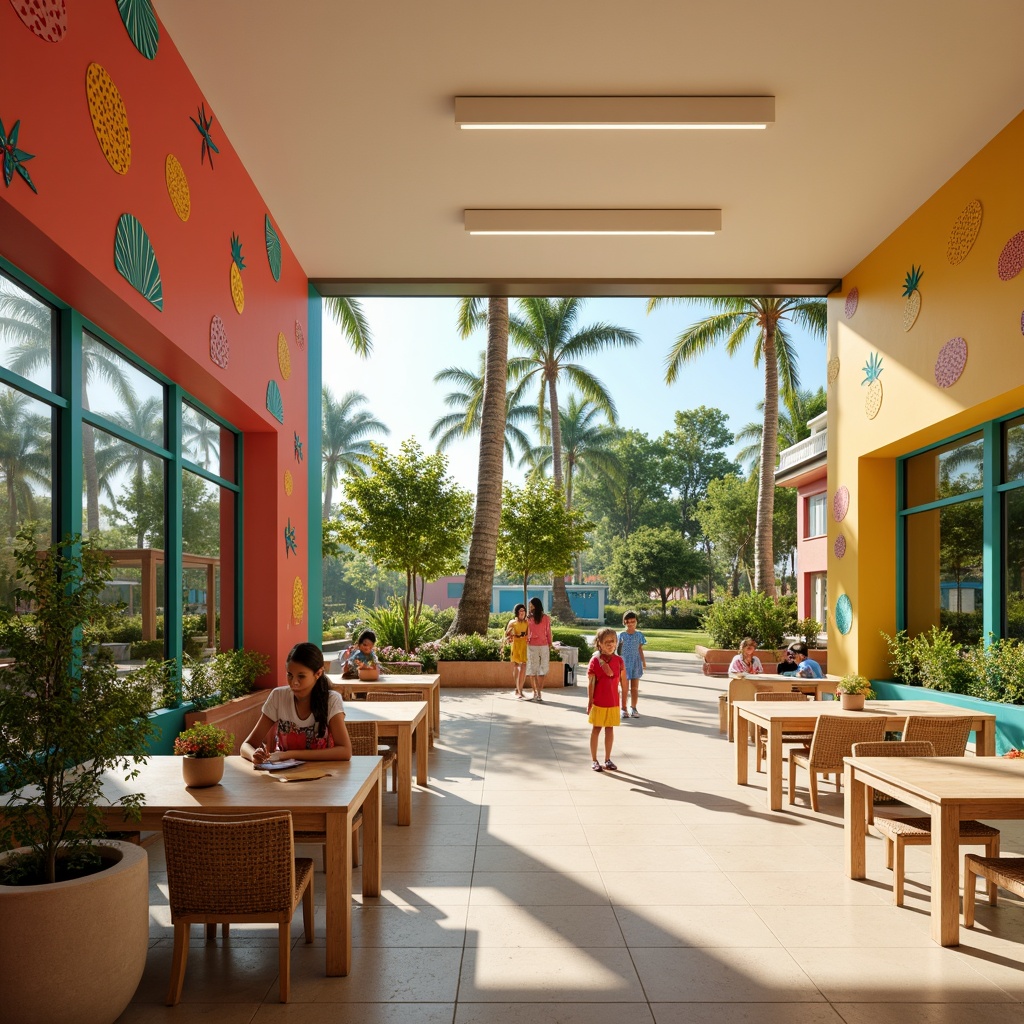 Prompt: Vibrant tropical elementary school, bright coral walls, turquoise accents, sunny yellow classrooms, lush greenery, palm trees, colorful floral patterns, playful polka dots, whimsical pineapple motifs, natural wood furniture, woven rattan textures, warm beige floors, soft pastel shades, creamy white ceilings, joyful atmosphere, relaxed vibe, ample natural light, large windows, sliding glass doors, outdoor play areas, tropical plants, sunny day, soft warm lighting, shallow depth of field, 3/4 composition.